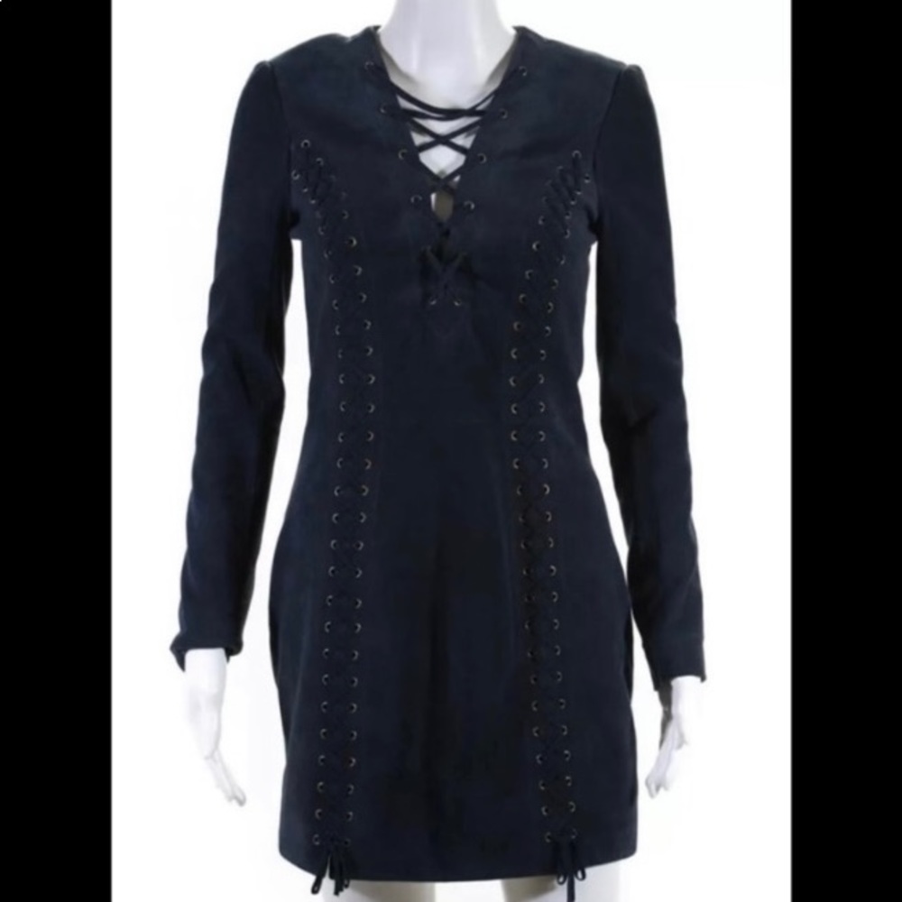 Intermix Womens Lace Up Trim Suede Back Zip Mini Dress Navy Blue Size Petite